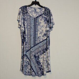 MODA Blue Floral Jersey Knit Short Sleeve Fit & Flare Short Dress; Size 2XL